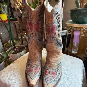 Corral Vintage, Tan and Pink Heeled Boots with Heart Embroidery